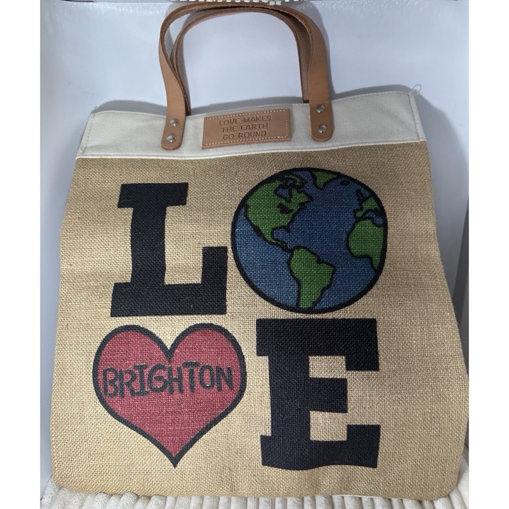 Brighton LOVE Earth Heart Reusable Shopping Bag Woven Jute Leather Beige NEW